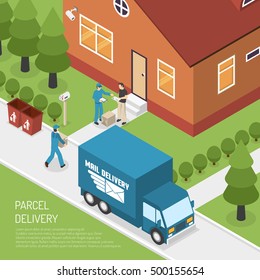 Post office letters and parcels delivery service isometric poster with postman at the door abstract vector illustration 