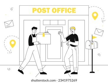 Post office line concept. Man with postal service. Young guy with parcel and box with envelope, message. International communication and interaction. Linear flat vector illustration