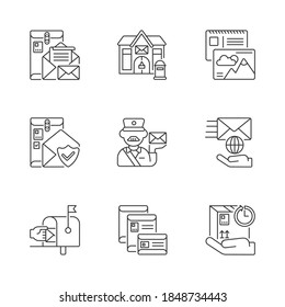 Lineare Icons für das Postamt ablegen. Professionelle Postdienste, Korrespondenz und Pakete transportieren individuell anpassbare Dünnlinienkontursymbole. Einzige Vektorgrafik-Rahmenillustrationen. Bearbeitbarer Hub