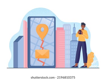 Post office logistic. Man with smartphone traces letter. Fast delivery to house, correspondence. Envelope icon on map. Modern technologies and digital world. Cartoon flat vector illustration