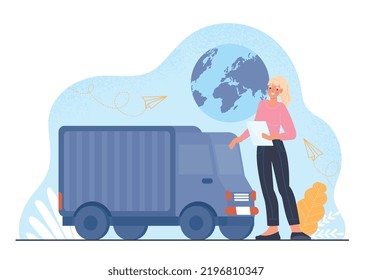 Post office logistic. Young girl stands near truck and checks parcels and letters. Transportation, correspondence, vehicle. Employee and worker at workplace. Cartoon flat vector illustration