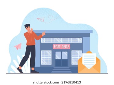 Post office logistic. Young guy goes to pick up letter, business correspondence and fast delivery. Communication and interaction, mail client. Poster or banner. Cartoon flat vector illustration