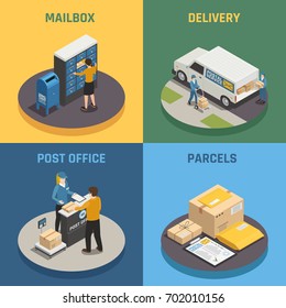 Post office mail delivery service 4 isometric icons square with mailbox parcels colorful background isolated vector illustration 