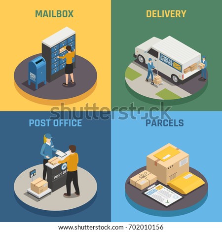 Post office mail delivery service 4 isometric icons square with mailbox parcels colorful background isolated vector illustration 