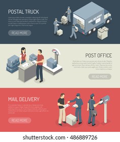 Post office mail orders delivery online service 3 isometric horizontal banners webpage design abstract isolated vector illustration  