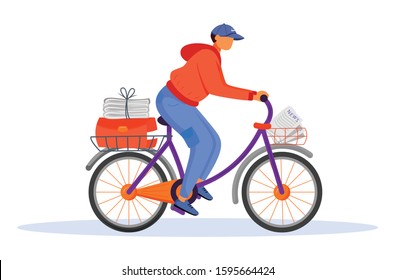 Post Office Male Worker Flat Color Vector Illustration. Young Man Distributes News. Post Service Delivery. Daily Newspaper Carrier. Paperboy On Bicycle Isolated Cartoon Character On White Background