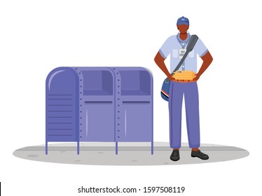Post office male worker flat color vector illustration. African american man distributes parcels. Post service delivery. Putting letters in mailbox isolated cartoon character on white background
