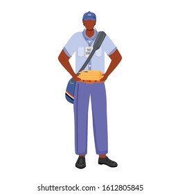 Post office male worker flat color vector illustration. African american man distributes parcels. Post service. Employee in american post uniform isolated cartoon character on white background