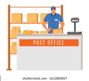 Post office male worker flat color vector illustration. Man checks and scans packages. Post service delivery. Parcels collection point isolated cartoon character on white background