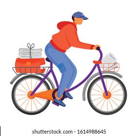 Post Office Male Worker Flat Color Vector Illustration. Young Man Distributes News. Post Service Bike Delivery. Newspaper Carrier. Paperboy On Bicycle Isolated Cartoon Character On White Back