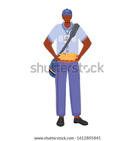Post office male worker flat color vector illustration. African american man distributes parcels. Post service. Employee in american post uniform isolated cartoon character on white background