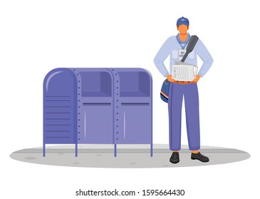 Post Office Male Worker In USA Uniform Flat Color Vector Illustration. Man Distributes News. Post Service Delivery. Daily Newspaper Carrier. Paperboy Isolated Cartoon Character On White Background