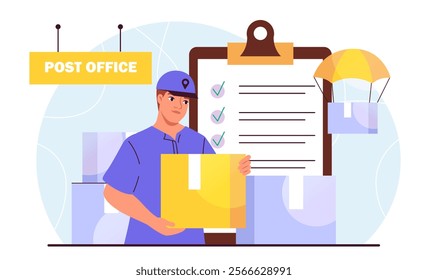 Post office man. Young guy with cardboard box in his hands. Logistics and transportation, home delivery. Courier or postman with parcel, correspondence. Flat vector illustration