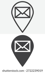 Ícone de pin do mapa postal definido em estilo diferente. Linha, contorno e ícone sólido com traçado editável. Sinal e símbolo vetorial do ícone de localização postal.
