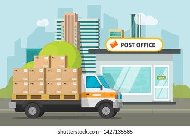 Post office on city street and cargo truck loaded parcel boxes vector illustration, flat cartoon postoffice storage building and delivery car, transportation or delivery service