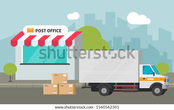 Post office on city street and cargo truck\
loading or delivered parcel boxes vector illustration, flat cartoon\
postoffice storage building and delivery car, transportation or\
warehouse service