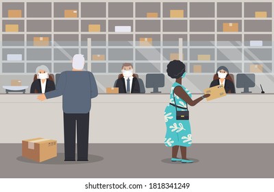 La oficina de correos está abierta durante la epidemia de virus. Los trabajadores postales con máscaras médicas de protección sirven a los clientes. Hay escalas postales, paquetes, barrera, gente en PPE, estantes, cajas. Ilustración del vector 