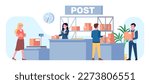 Post office. Parcel pickup and delivery. Cardboard boxes send and receive. Postal service workers. Order packages. Man and woman at reception desk. Packs distribution