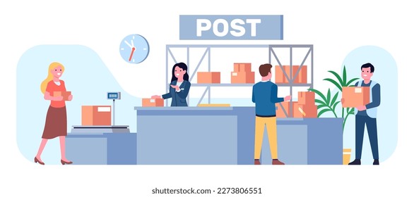 Post office. Parcel pickup and delivery. Cardboard boxes send and receive. Postal service workers. Order packages. Man and woman at reception desk. Packs distribution