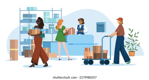 Post Office With People. Mail Delivery Service. Woman Giving Letters Or Parcels To Customers. Postman Worker Or Courier Delivering Cardboard Boxes On Trolley. Postal Services Flat Vector Illustration.