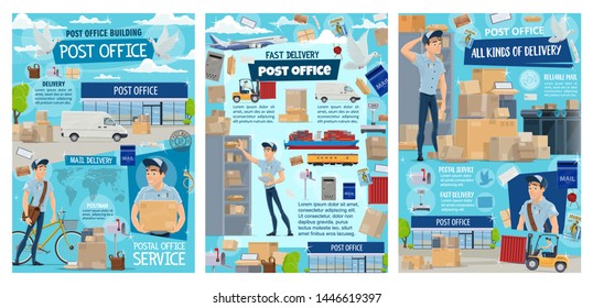 Post office and postal service of mail delivery vector design. Cartoon postman or courier, letters, envelopes and parcels, boxes, packages and mailbox, postage stamp, postal transport and pigeon