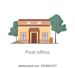 Post office, public facility and retailer that provides mail services. Vector flat cartoon style, isolated exterior of municipal building helping with correspondence and mailing assistance