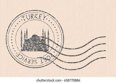 Post office round postmark with Blue mosque black icon. Istanbul, Turkey. Partially faded. Vector illustration on beige striped background