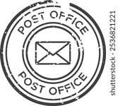 Post office rubber stamp with concentric circles and a mail envelope icon, isolated on white background