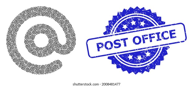 Post Office rubber stamp and vector recursion collage email symbol. Blue stamp includes Post Office tag inside rosette. Vector collage is created from repeating rotated email symbol items.