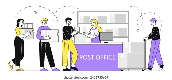 Post office scene linear. Men and women with boxes and parcels in hands. Mailing and postal service. Business and friendly international correspondence. Doodle flat vector illustration