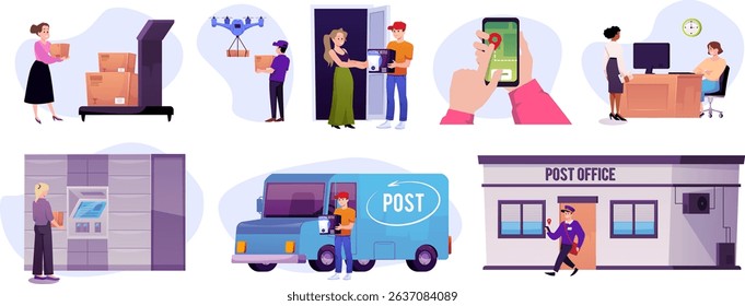 Post office scenes vector flat illustrations set. Cartoon delivery and logistics services. People, postman and courier with box packages, letter mail and parcels. Self-service terminal, truck, mailbox