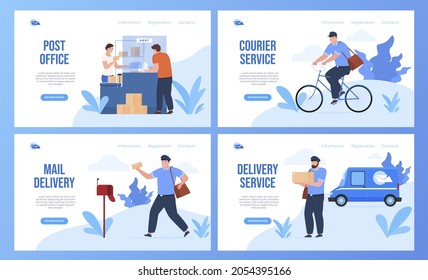 Post Office Service Landing Page Vector Flat Illustration. Collection Of Mail Delivery, Parcel, Box, Letter Shipping With Place For Text. User Interface Template Postal Receive Sending Website Design