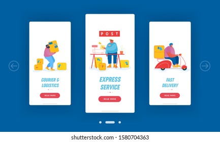 Página de aplicación móvil de Post Office Service - Juego de pantalla incorporado. Paquetes de Pesos de Postmen y entrega de paquetes a clientes sobre el concepto Scooter para sitio web o página web, ilustración de vectores planos de caricaturas
