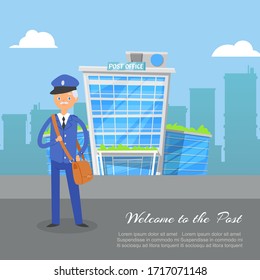 Post office service with postman with postage delivery, cartoon vector illustration. Welcome to the post mail courier in uniform with letters bag poster.