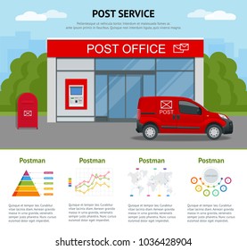 Post office service with postman riding car for delivery and infographics. Vector illustration isolated on background. Correspondence isolated vector illustration