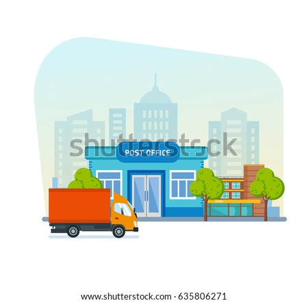 Post office service with postman riding car for delivery. Vector illustration isolated on background city of street.