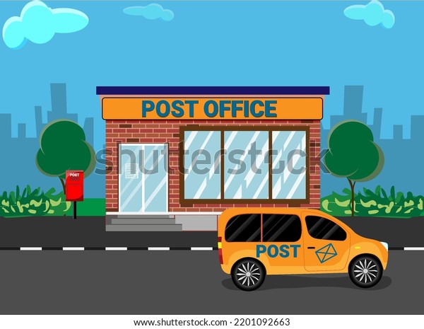 Post office service with postman riding car\
for delivery. Vector illustration isolated on background.\
Correspondence isolated vector\
illustration