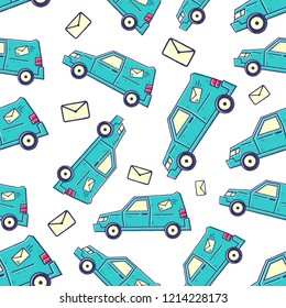 Post Office Service Seamless Pattern. Hand-Drawn Mail Car Seamess Pattern. Stock Vector Illustration. Cartoon style.