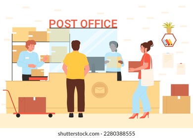 Post office service vector illustration. Cartoon people receive or send parcels at counter of postal reception, woman and man with boxes in hands get or return packages with online store orders