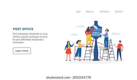 Post office services website banner layout with cartoon people sending mail, flat vector illustration. Communication and post mailing web page template.