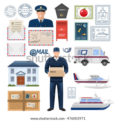 Post office set with employees building imprint and postage stamps transportation parcel and letters isolated vector illustration