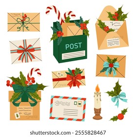 Post office. Set of open paper envelopes with letters. Letters to Santa Claus, congratulations. Flat vector illustration on white background.