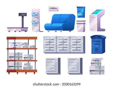 Post office set. Stack of parcels, mailbox, letterbox, scales, cupboard shelves, urn, metal cases, couch and open nameplate. Receive, sending and delivery to address postal service cartoon vector