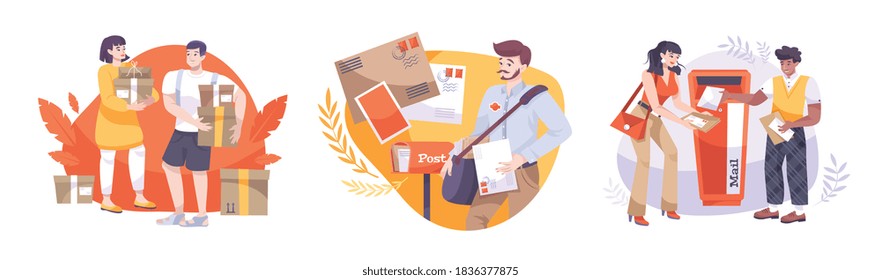 Post office set of three compositions with flat human characters of postal workers letters and parcels vector illustration