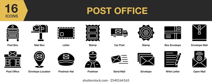 Post Office solid icon set. Includes box envelope, car post, location, mail, letter, and More. Solid icons vector collection.