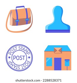 Icono de correos y sellos en estilo plano. Sello de goma, símbolos de la bolsa de postman. Ilustración vectorial.
