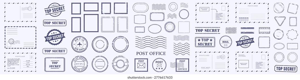 Post office stamp and mail template collection. Set of postcards, seals, marks and postal decorative elements