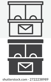 Conjunto de iconos de escaparate de oficina de correos en diferentes estilos. Línea, contorno e icono sólido con trazo editable. Signo de Vector y símbolo para el icono de edificio postal.