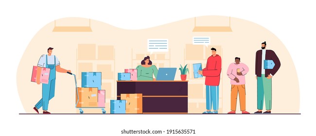 Post office vector illustration. Delivery service employee giving parcels to people, shipping company clients receiving packages. Vector illustration for postage, shipment, logistics concept