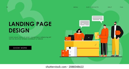 Post office vector illustration. Delivery service employee giving parcels to people, shipping company clients receiving packages. Vector illustration for postage, shipment, logistics concept
